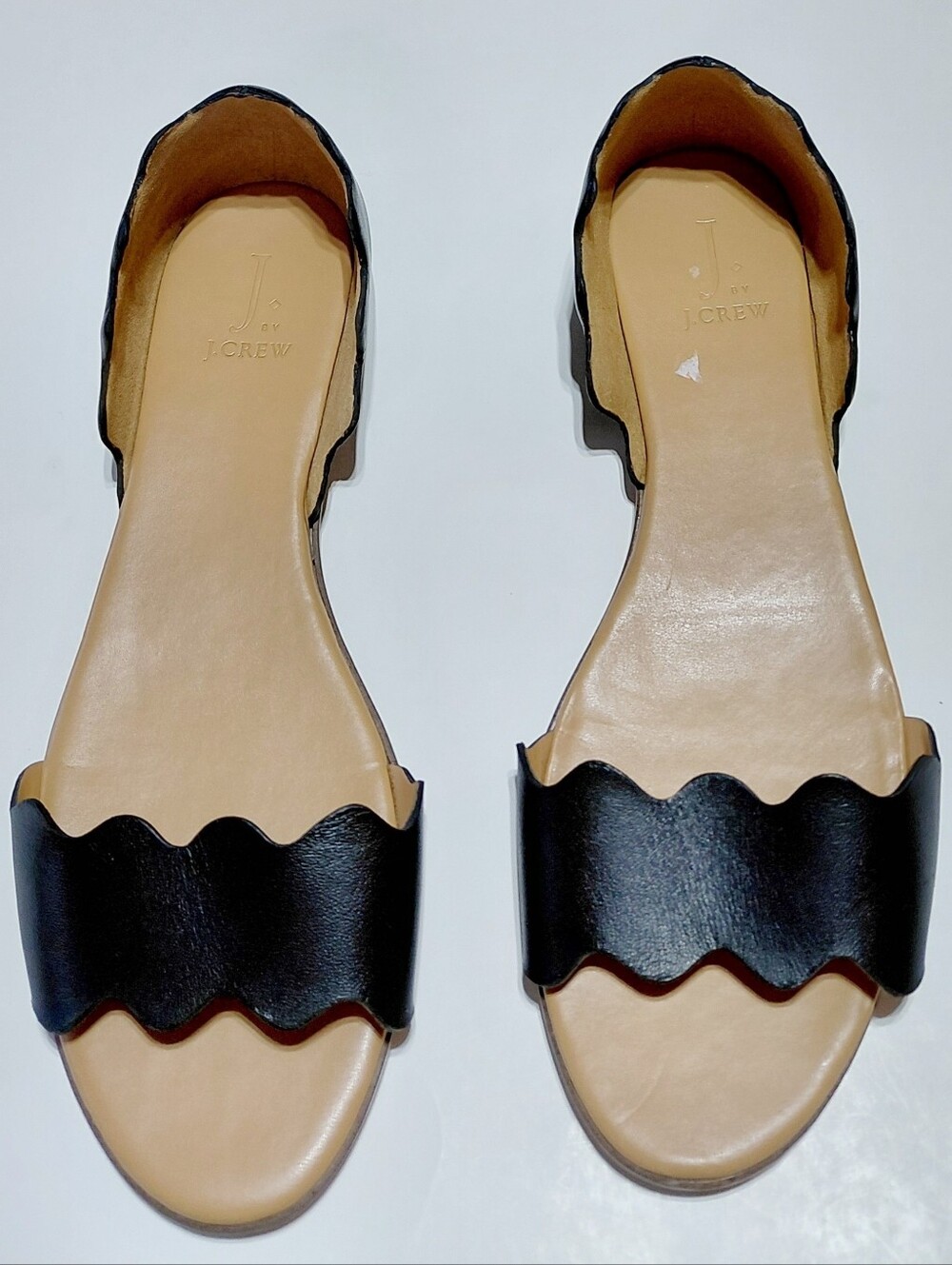 J. CREW Women's Black Scalloped Leather Peep Toe Flat Shoes Size 10